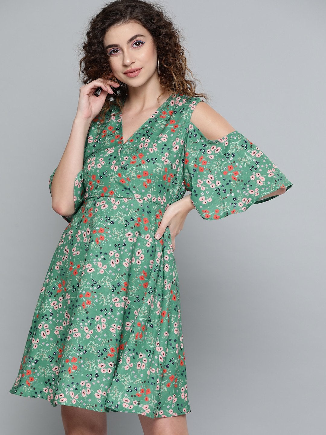 Women's Green Ditsy Floral Cold Shoulder Short Dress - SASSAFRAS