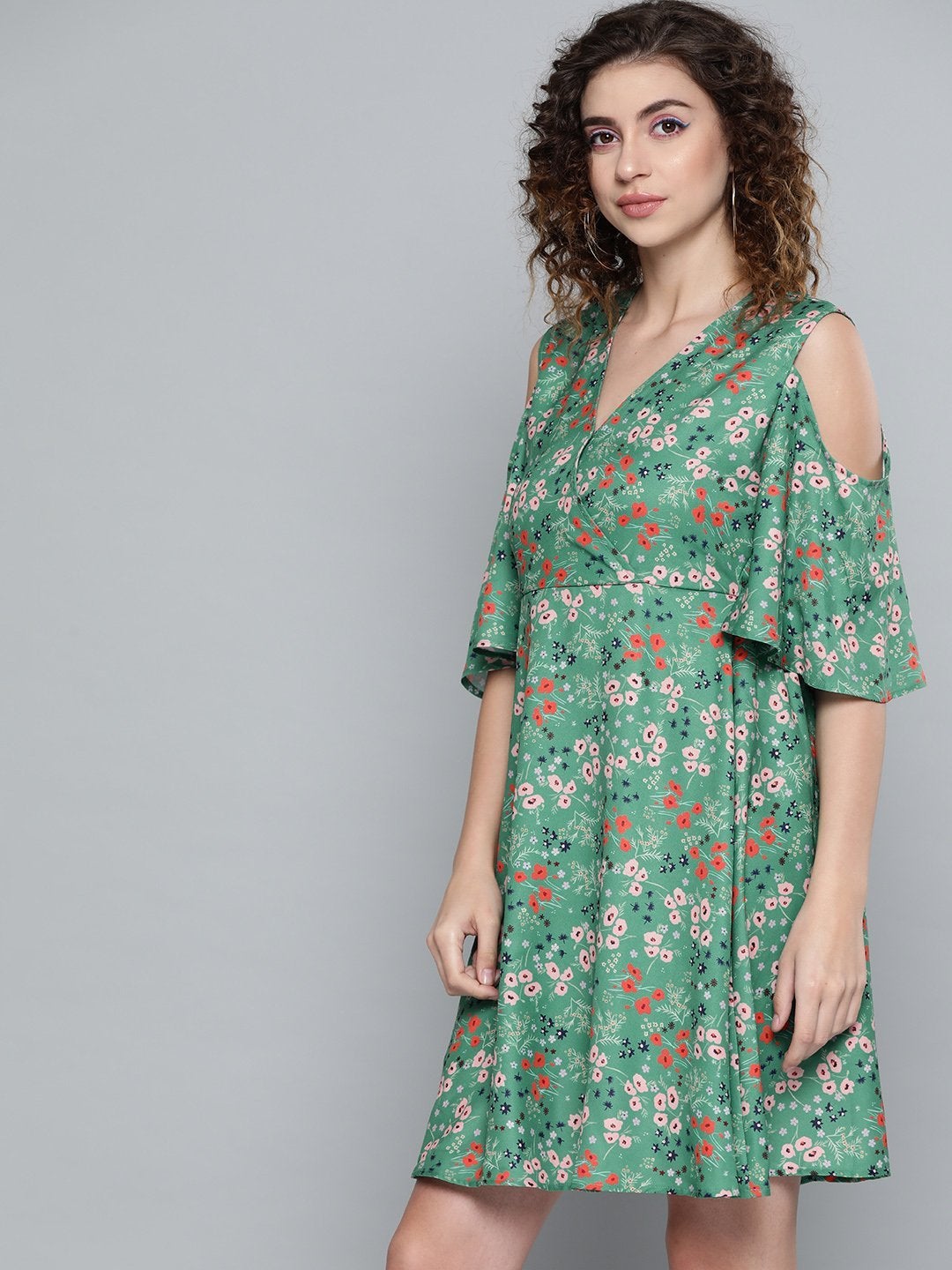 Women's Green Ditsy Floral Cold Shoulder Short Dress - SASSAFRAS