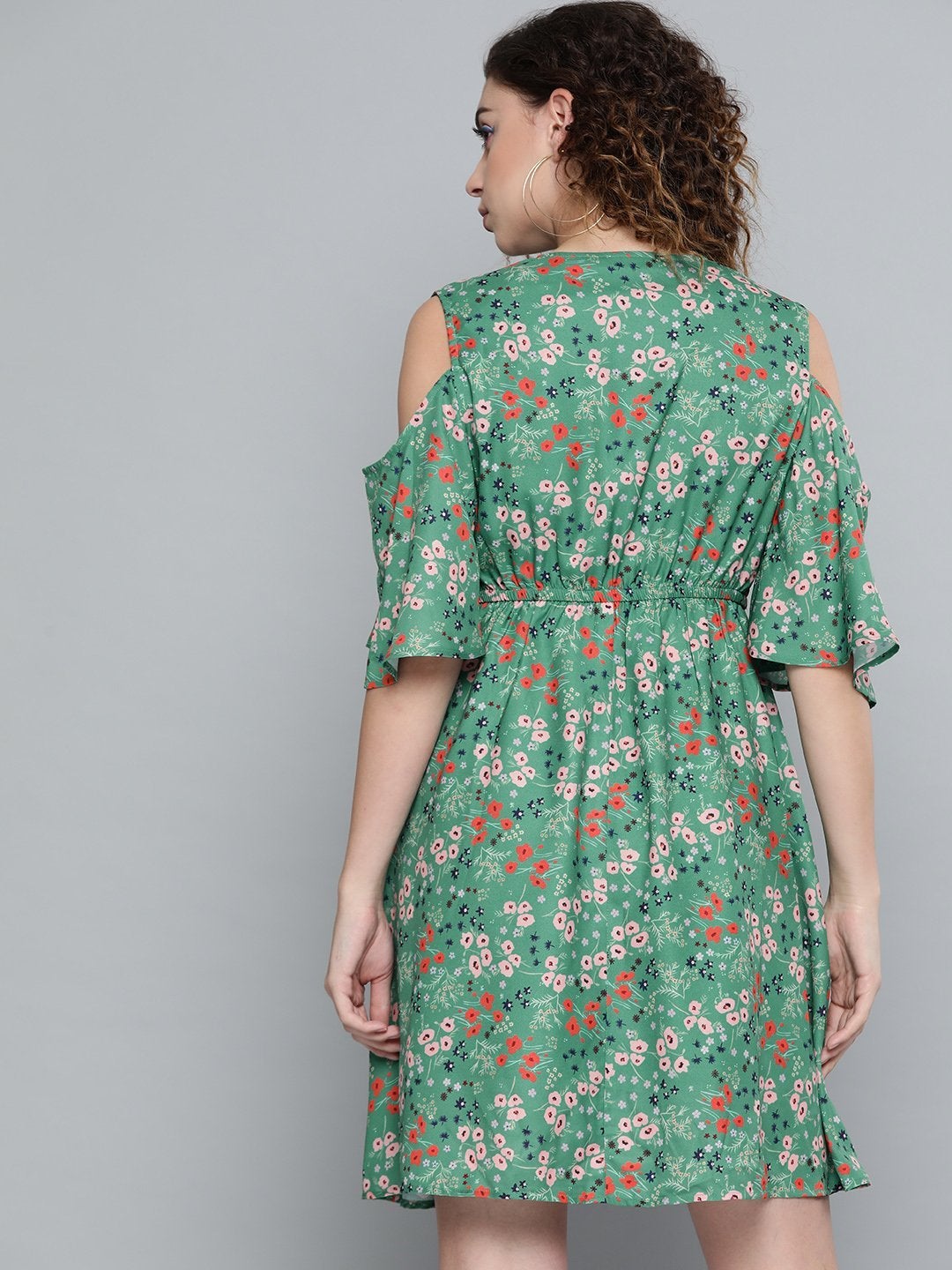 Women's Green Ditsy Floral Cold Shoulder Short Dress - SASSAFRAS