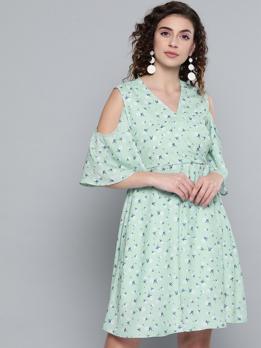 Women's Sea Green Ditsy Floral Cold Shoulder Short Dress - SASSAFRAS