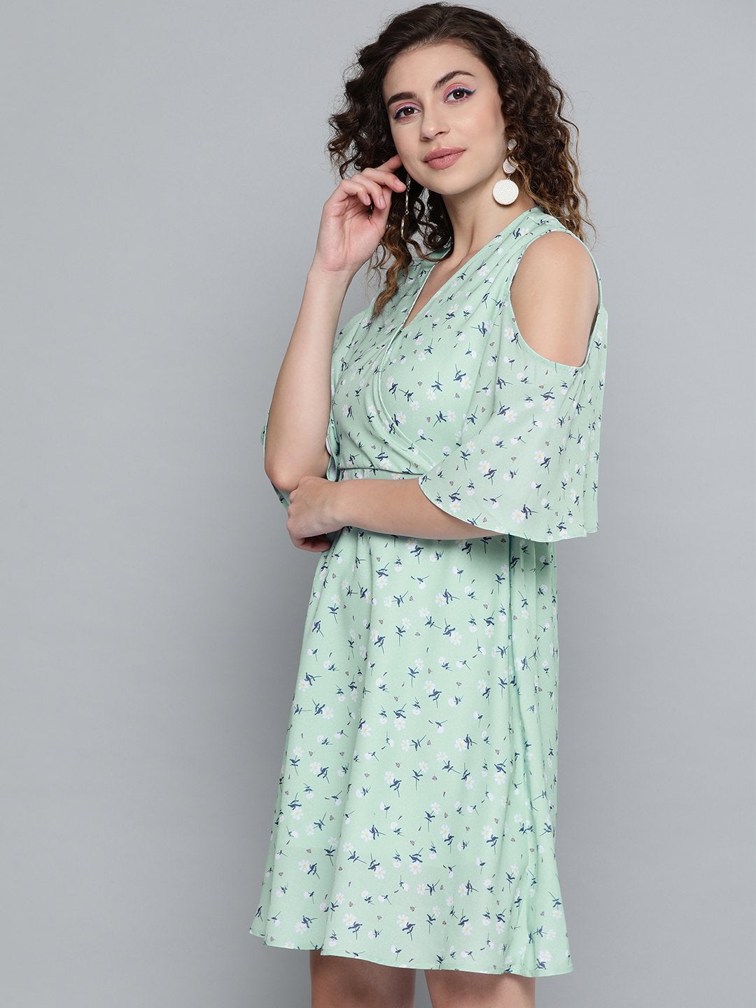 Women's Sea Green Ditsy Floral Cold Shoulder Short Dress - SASSAFRAS