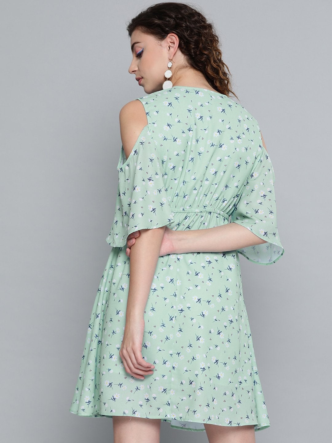 Women's Sea Green Ditsy Floral Cold Shoulder Short Dress - SASSAFRAS