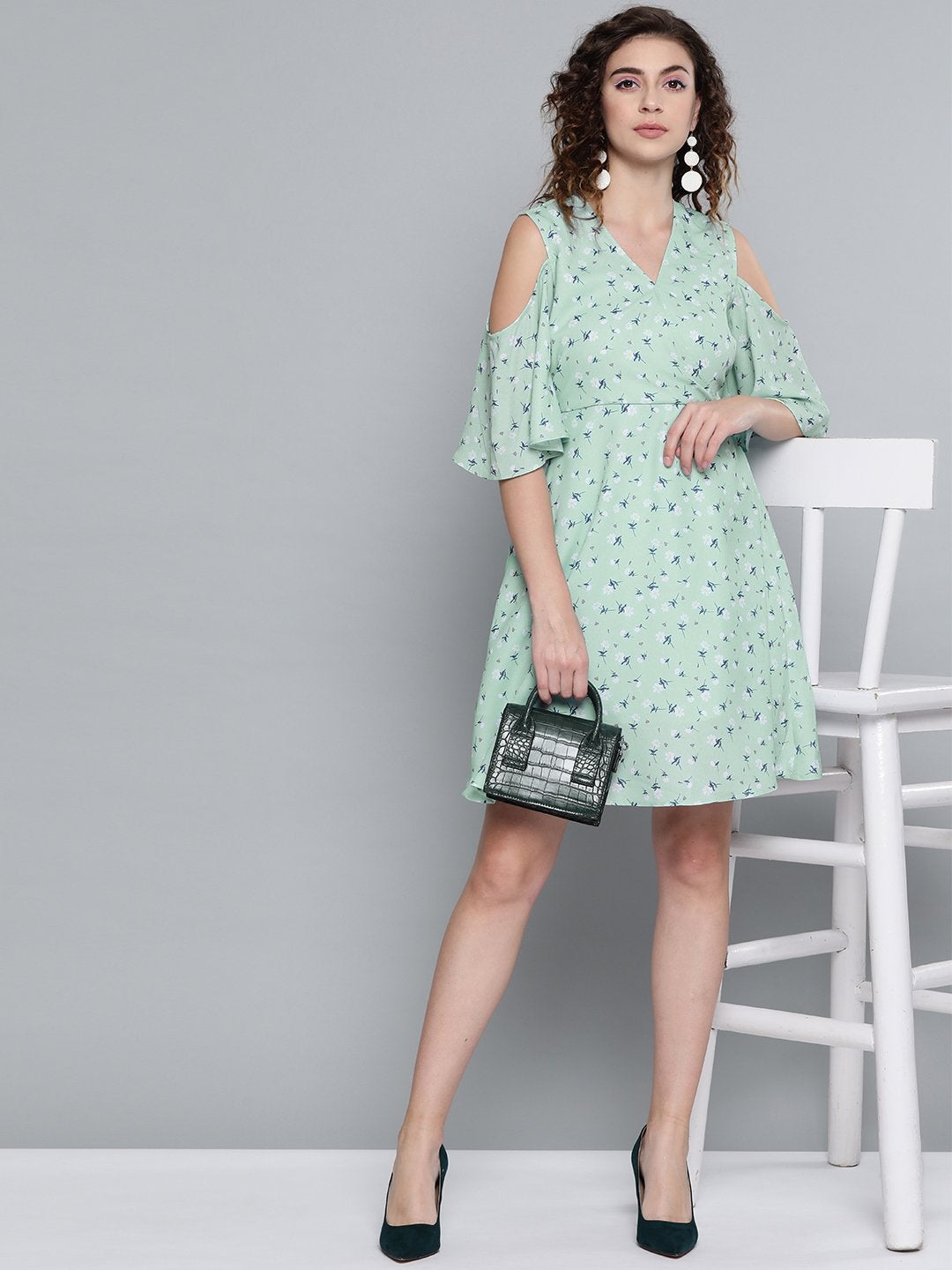 Women's Sea Green Ditsy Floral Cold Shoulder Short Dress - SASSAFRAS