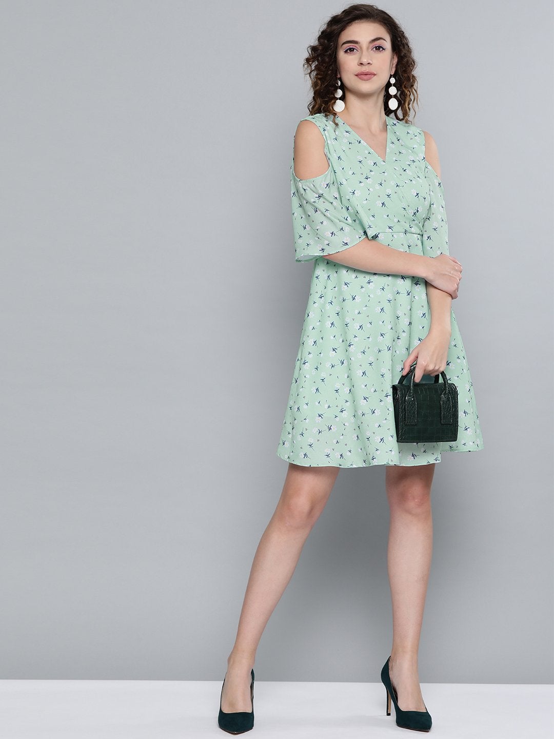 Women's Sea Green Ditsy Floral Cold Shoulder Short Dress - SASSAFRAS