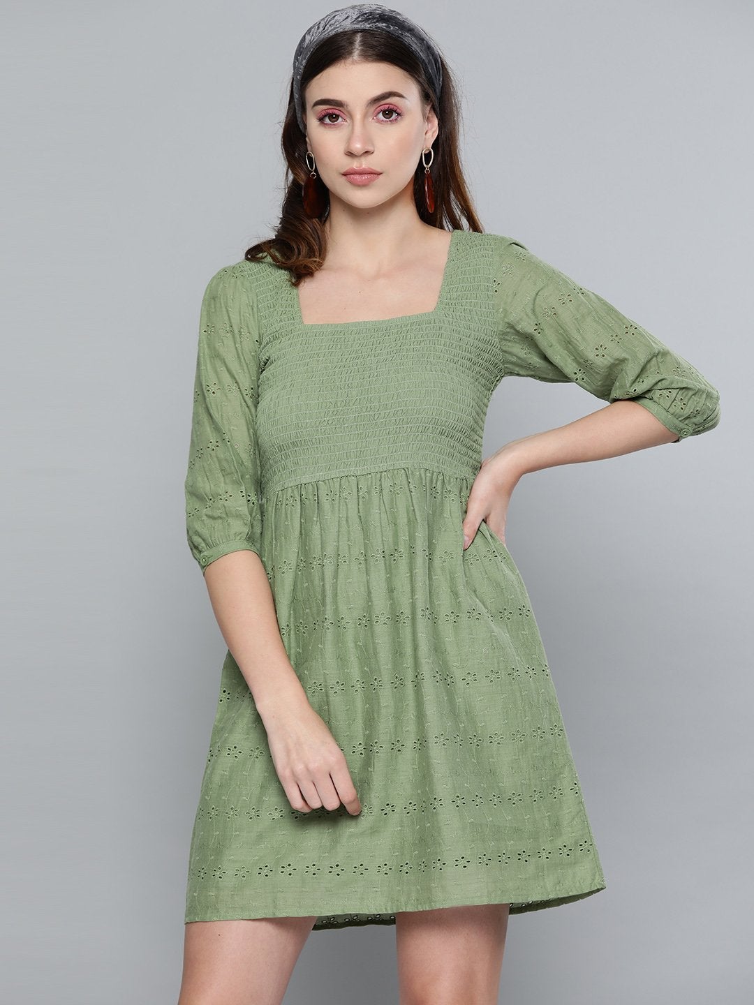 Women's Olive Schiffli Smocking Skater Dress