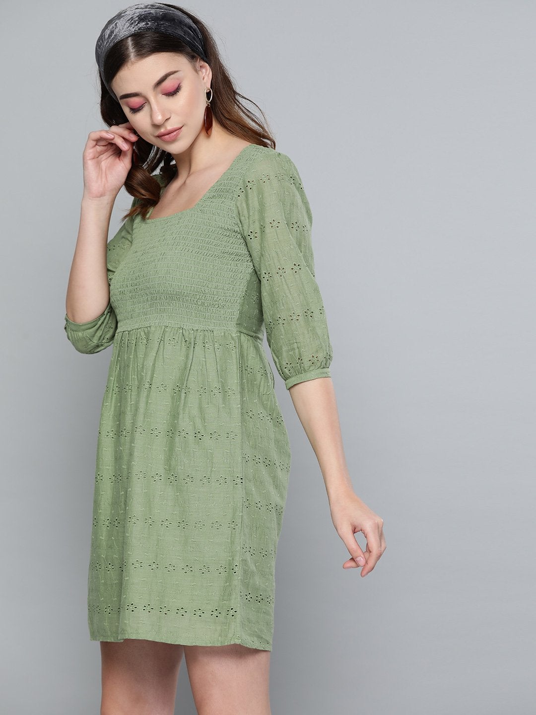 Women's Olive Schiffli Smocking Skater Dress