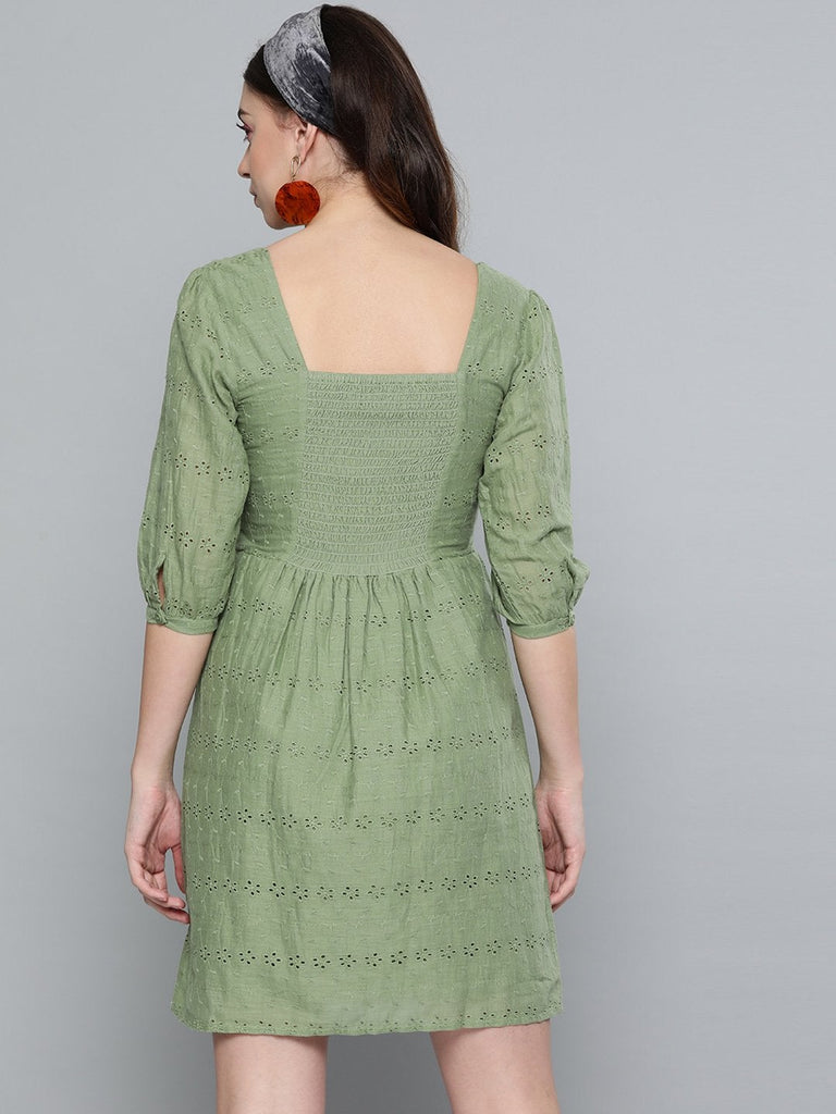 Women's Olive Schiffli Smocking Skater Dress