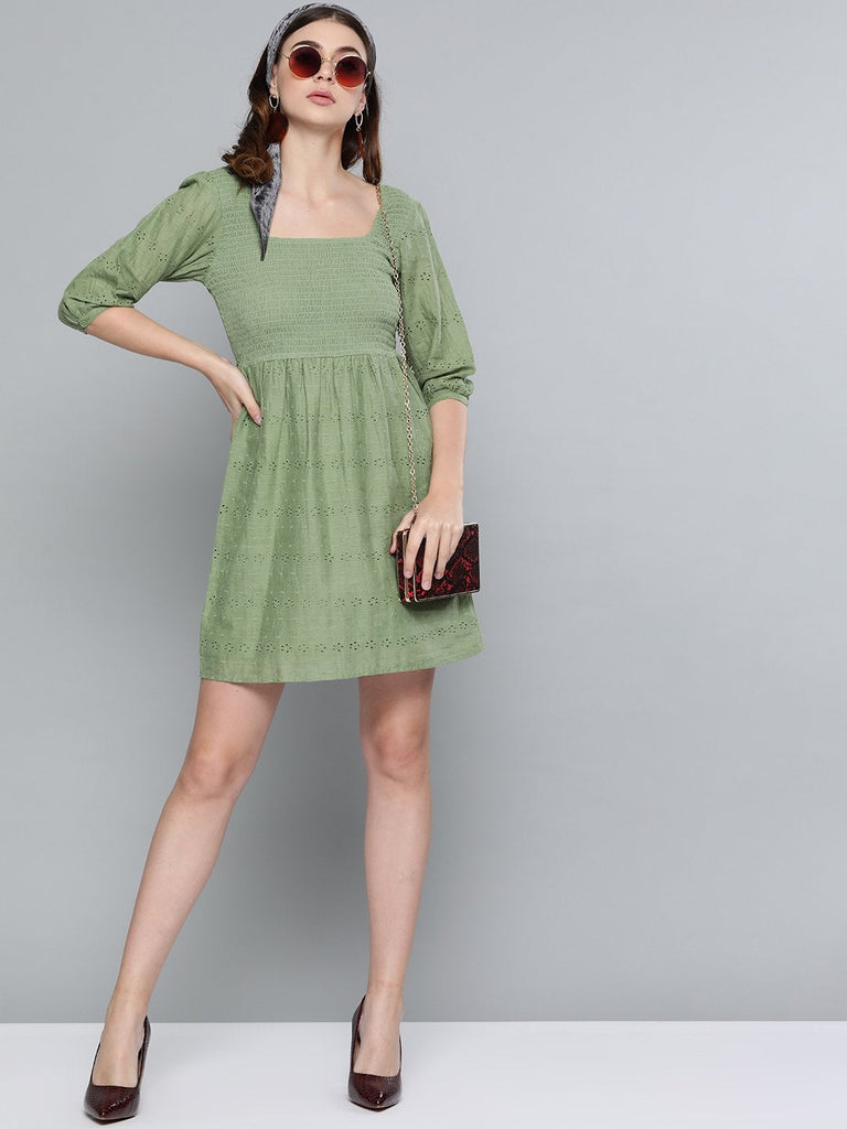 Women's Olive Schiffli Smocking Skater Dress