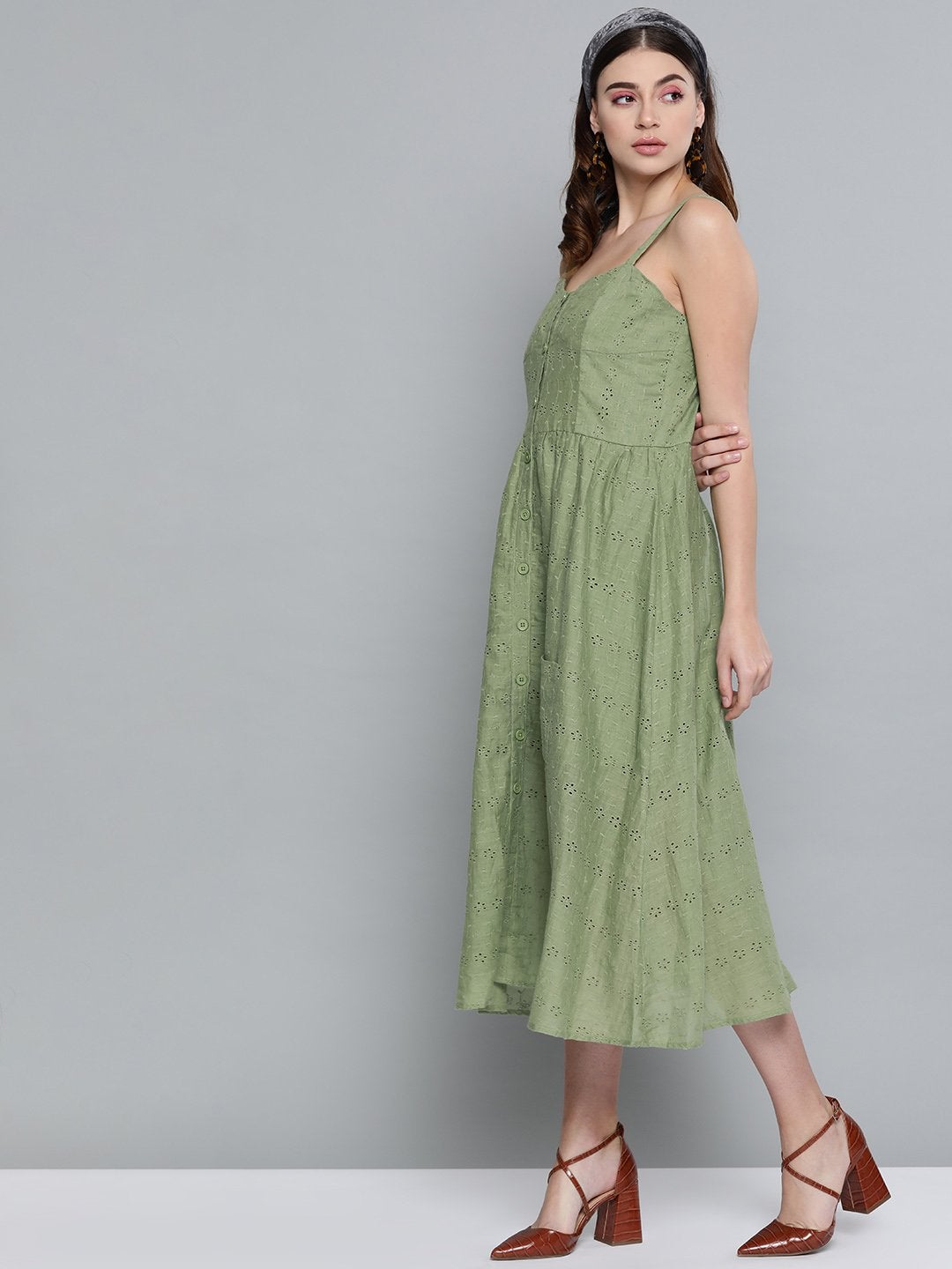 Women's Olive Schiffli Front Button Strappy Dress - SASSAFRAS