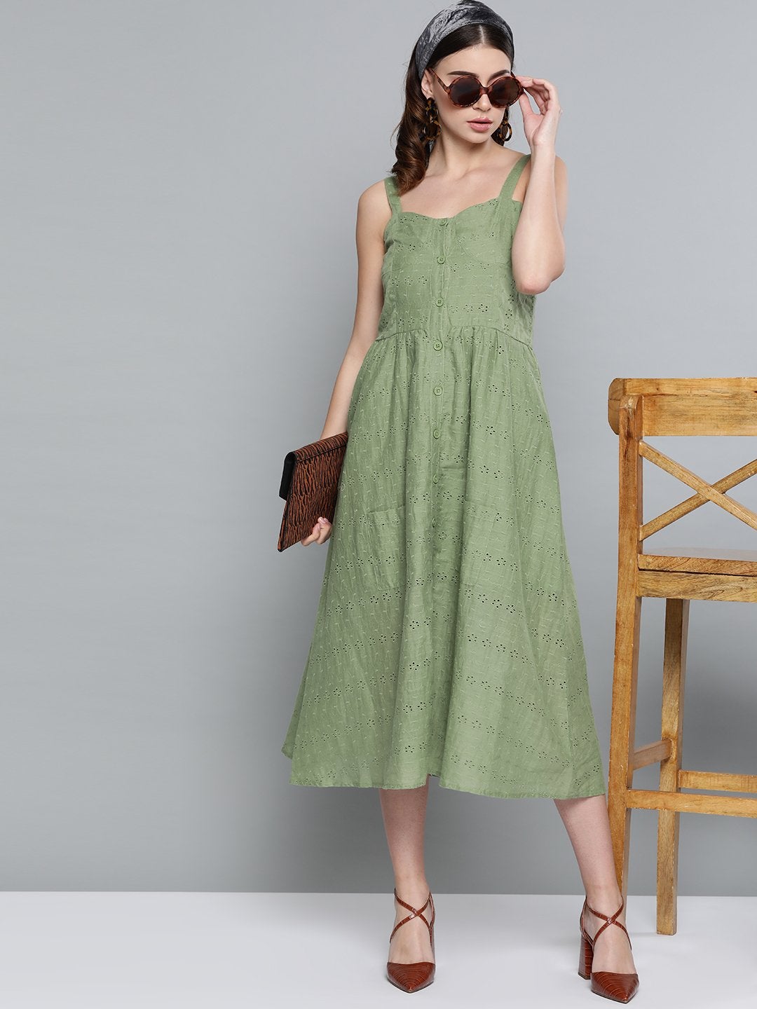 Women's Olive Schiffli Front Button Strappy Dress - SASSAFRAS