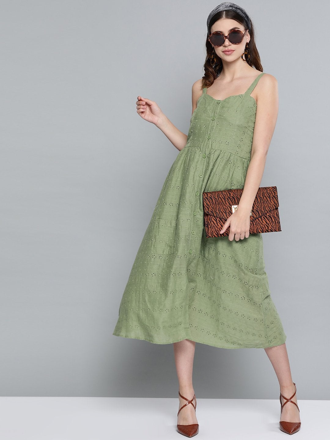 Women's Olive Schiffli Front Button Strappy Dress - SASSAFRAS