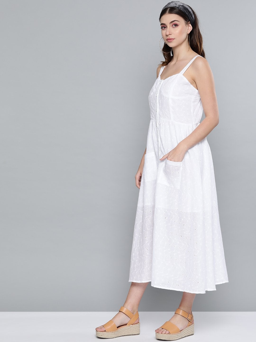 Women's White Schiffli Front Button Strappy Dress - SASSAFRAS