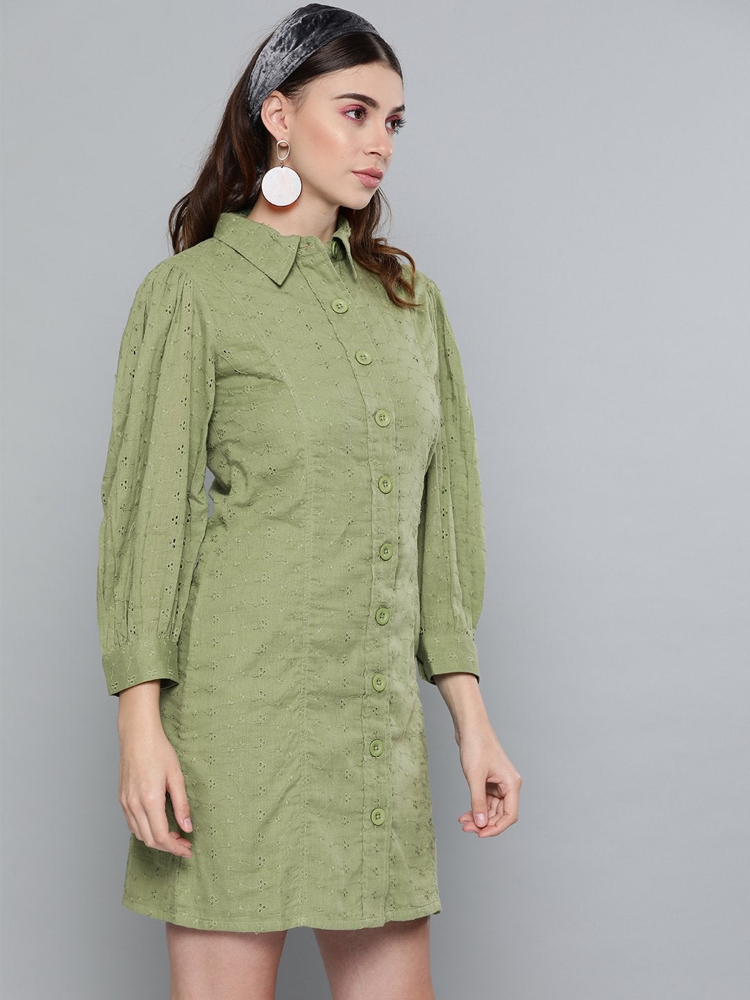 Women's Olive Schiffli Shirt Dress - SASSAFRAS