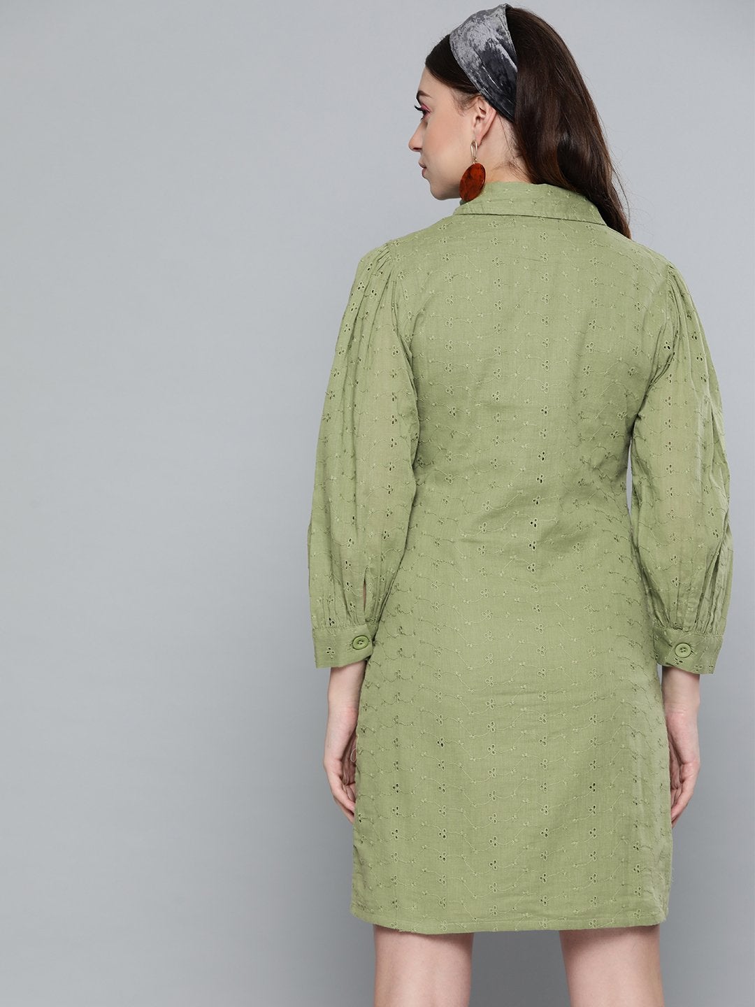 Women's Olive Schiffli Shirt Dress - SASSAFRAS