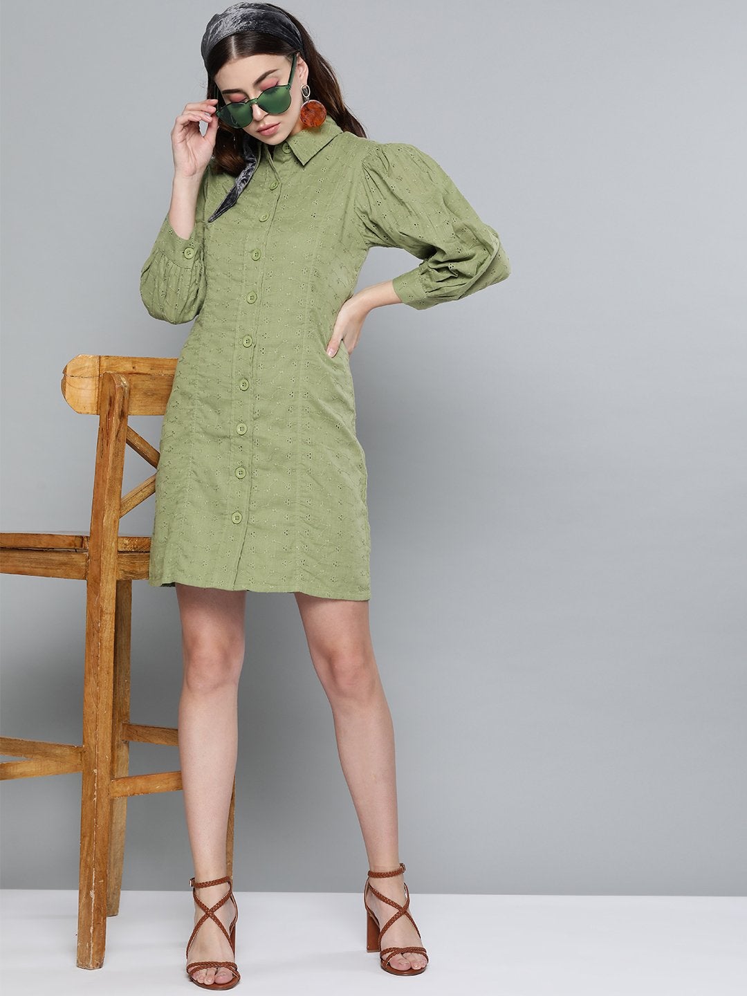 Women's Olive Schiffli Shirt Dress - SASSAFRAS