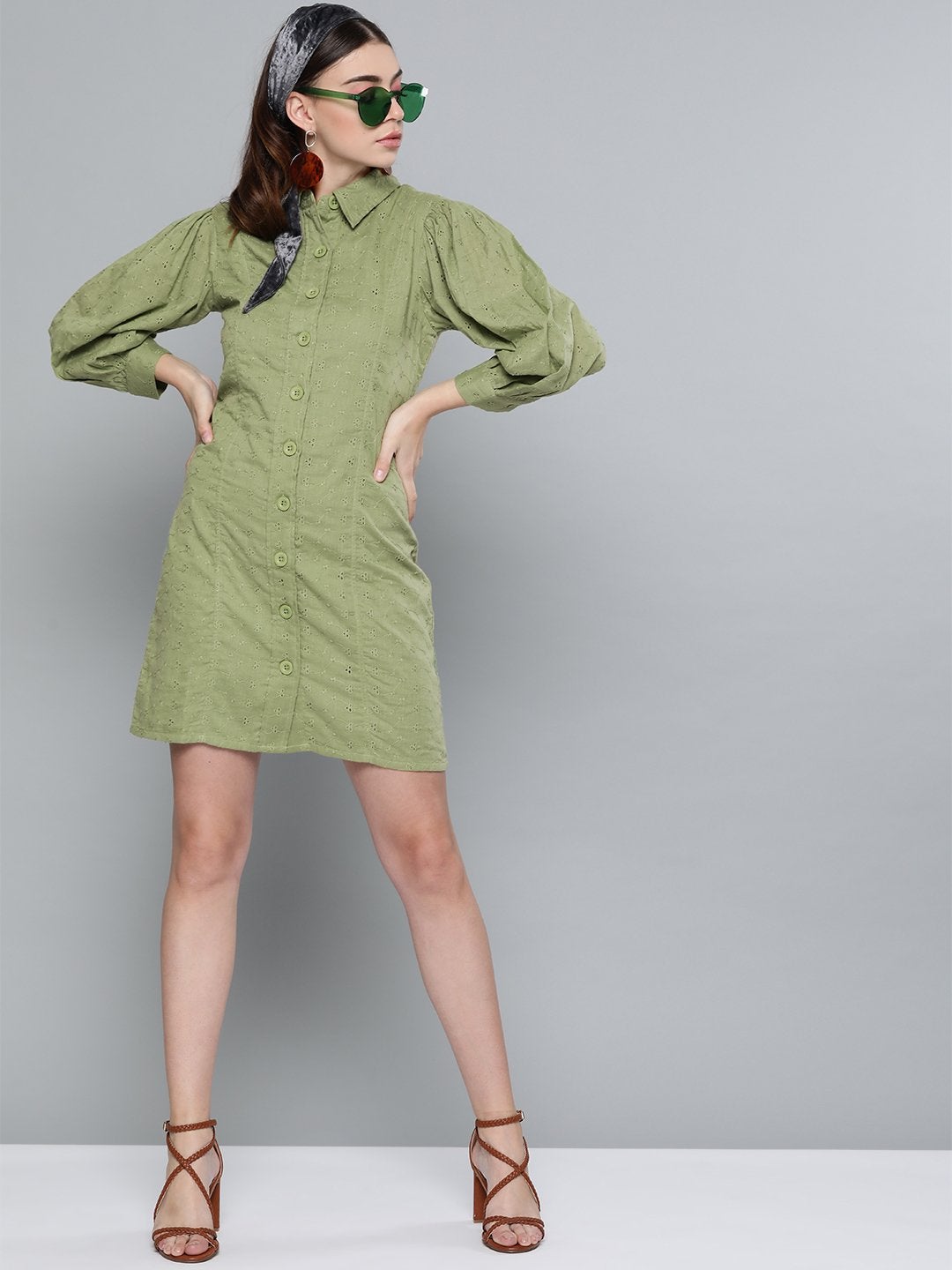 Women's Olive Schiffli Shirt Dress - SASSAFRAS