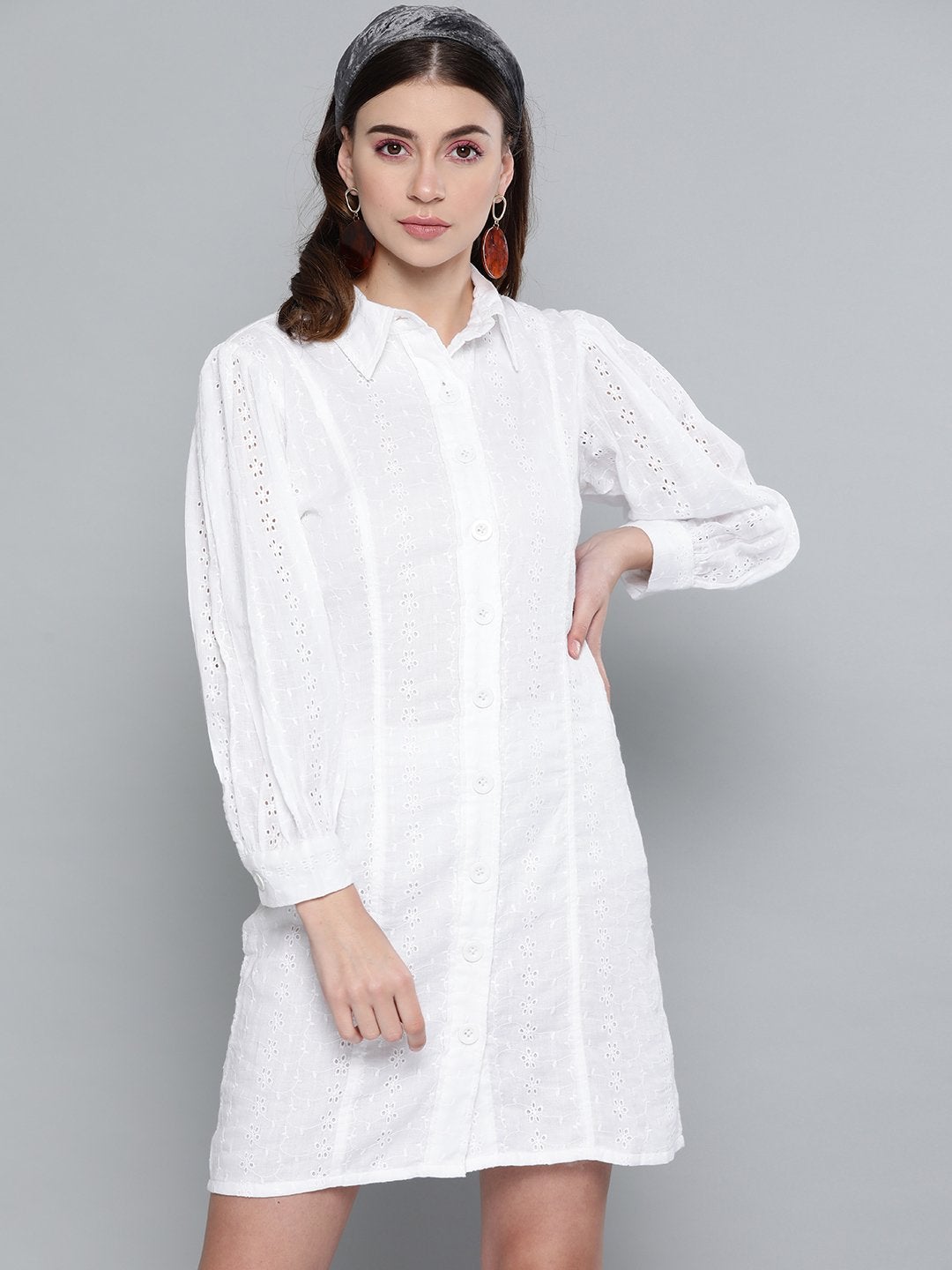 Women's White Schiffli Shirt Dress - SASSAFRAS