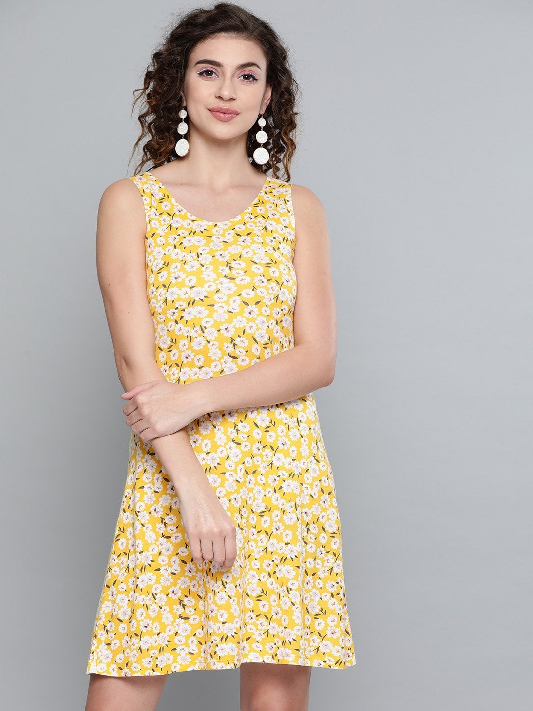 Women's Yellow Ditsy Floral Back Knot Skater Dress - SASSAFRAS