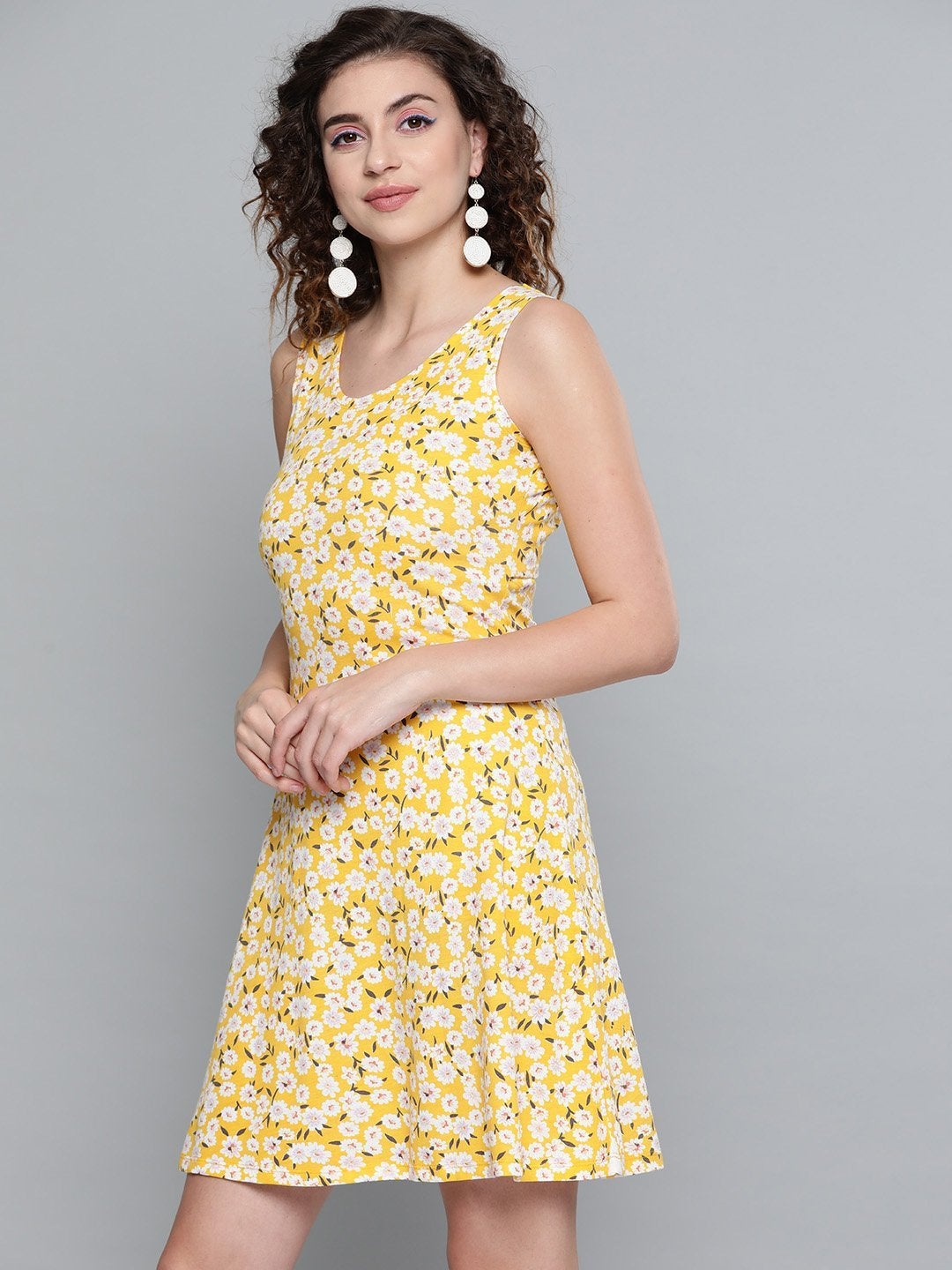 Women's Yellow Ditsy Floral Back Knot Skater Dress - SASSAFRAS