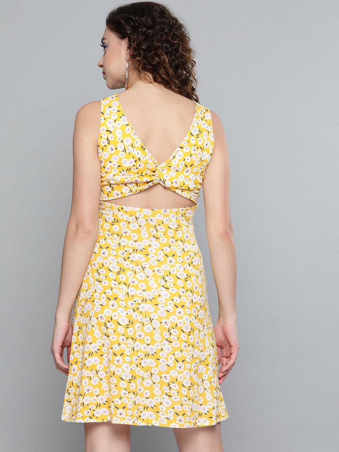 Women's Yellow Ditsy Floral Back Knot Skater Dress - SASSAFRAS