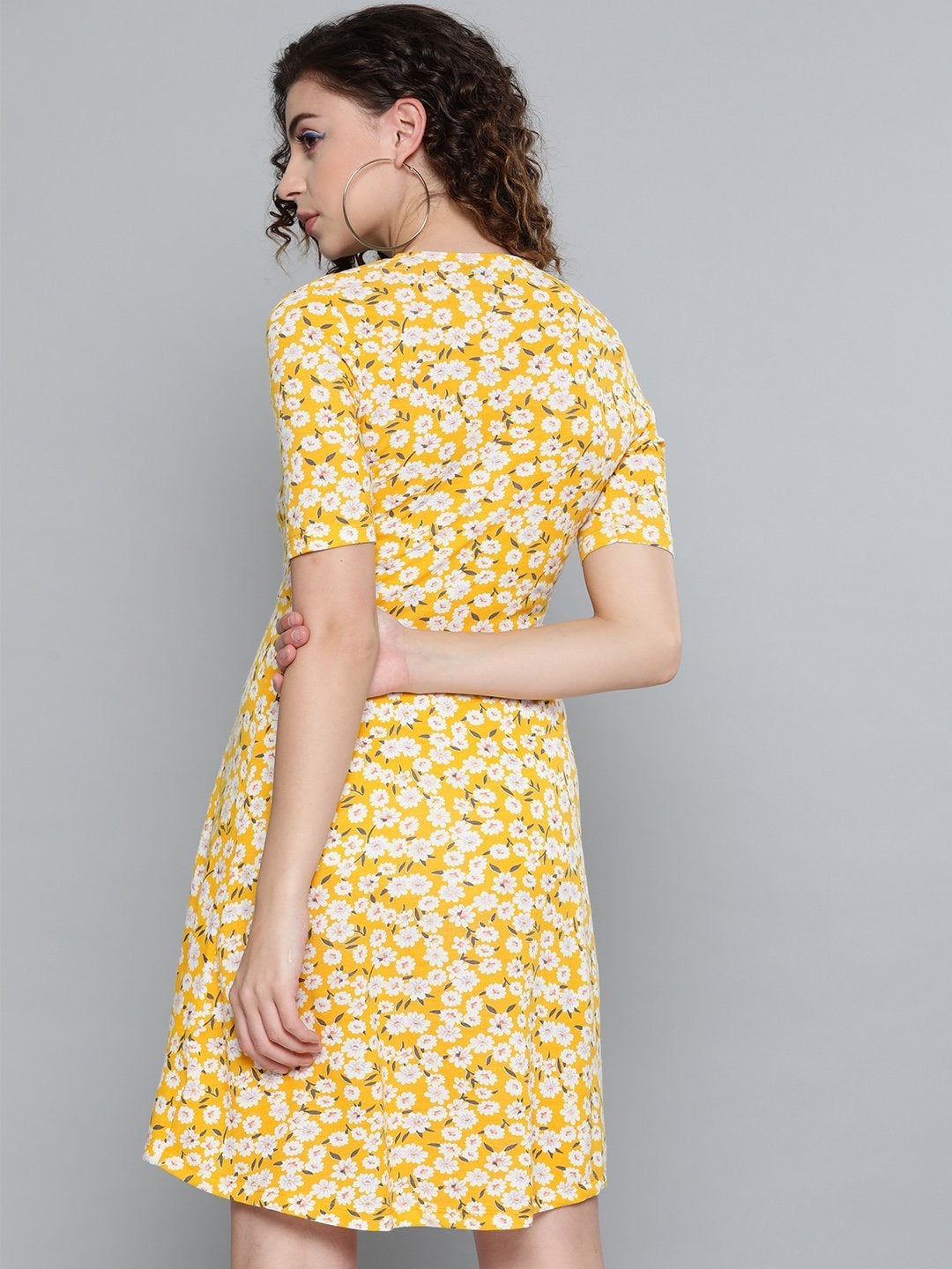 Women's Yellow Ditsy Floral Wrap Skater Dress - SASSAFRAS