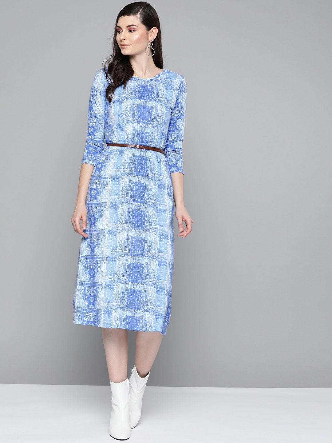 Women's Blue Geo Print Belted Midi Dress - SASSAFRAS