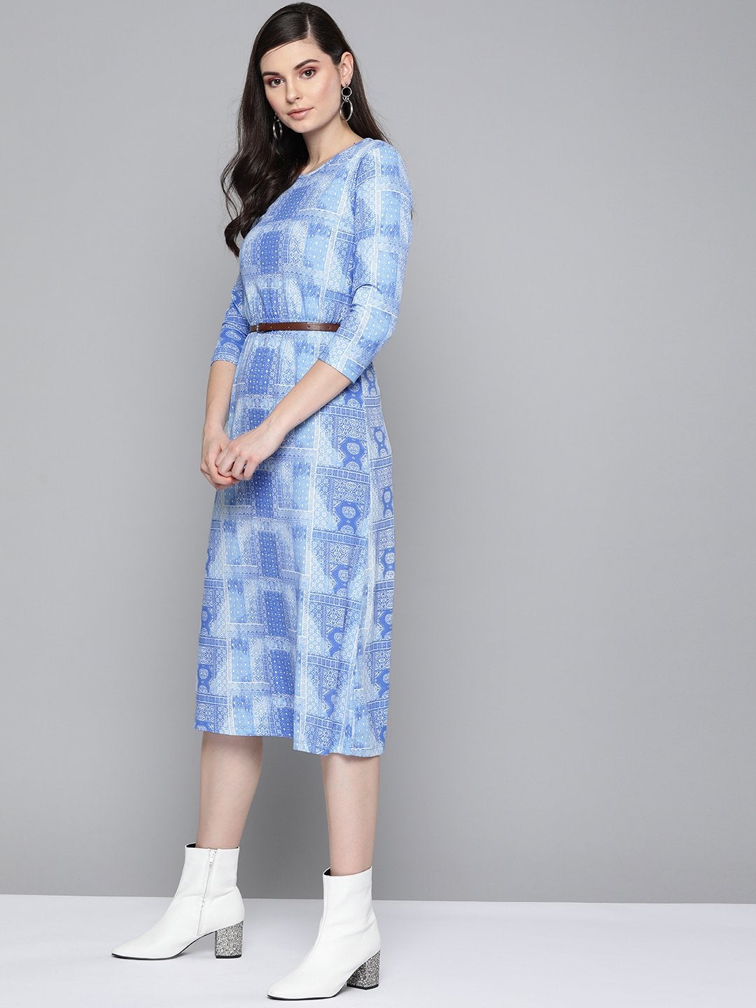 Women's Blue Geo Print Belted Midi Dress - SASSAFRAS