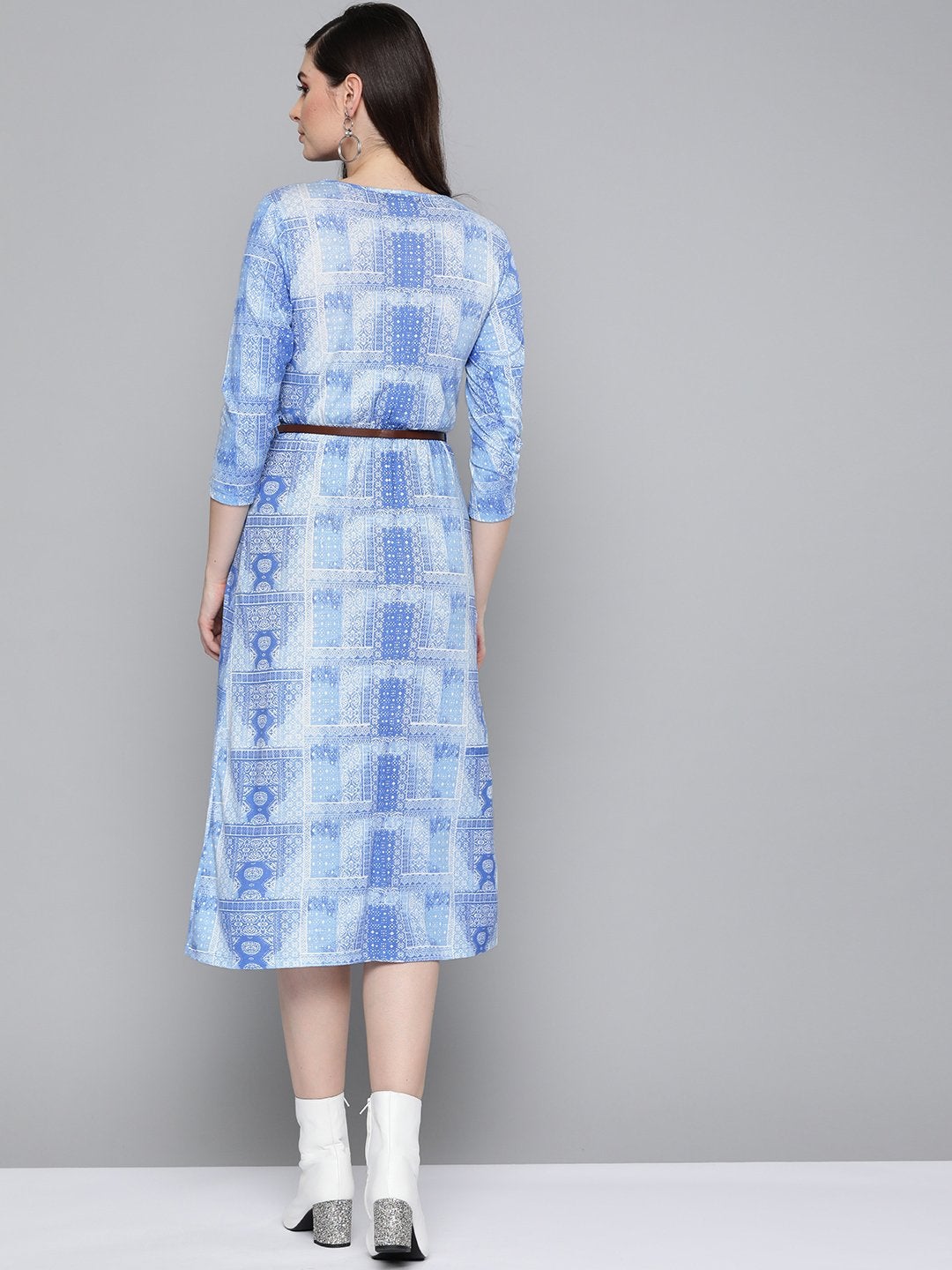 Women's Blue Geo Print Belted Midi Dress - SASSAFRAS