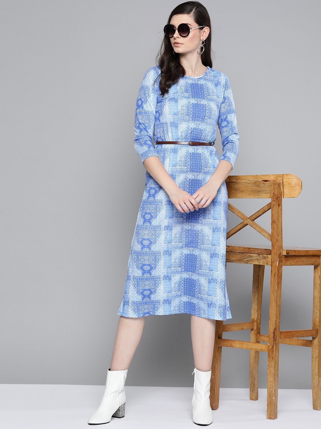 Women's Blue Geo Print Belted Midi Dress - SASSAFRAS