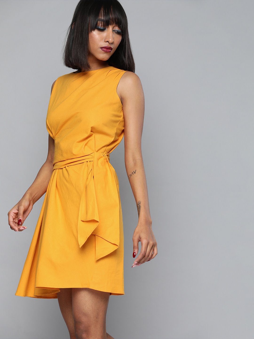 Women's Mustard Side Knot Shift Dress - SASSAFRAS