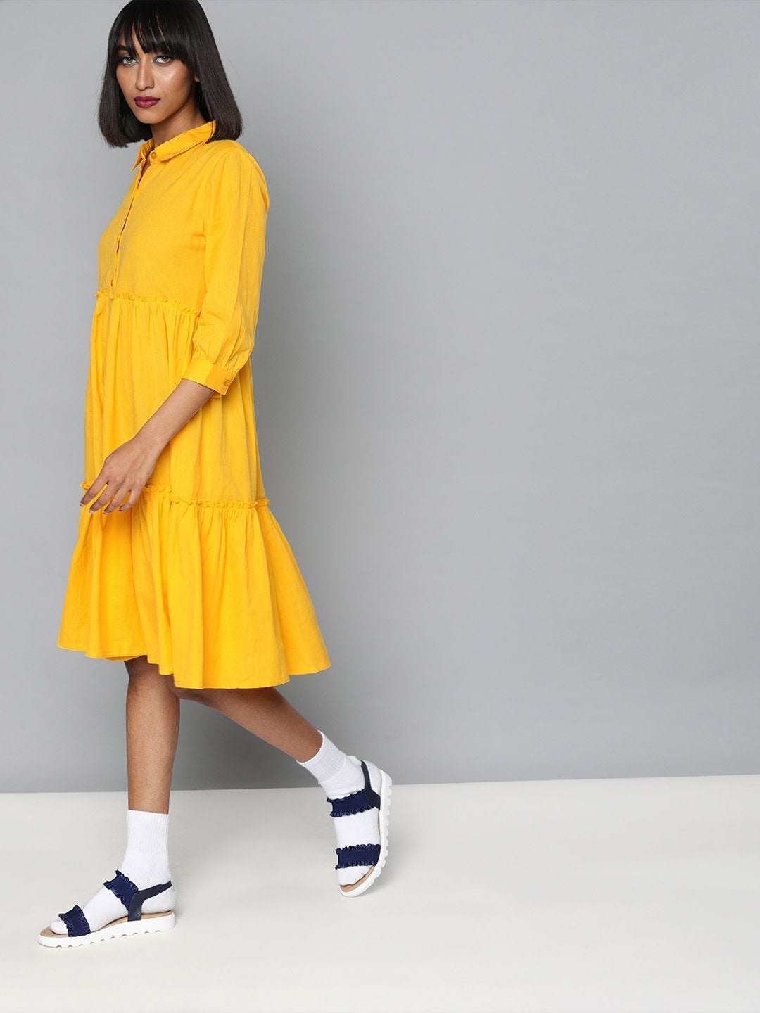 Women's Yellow Front Open Tiered Dress - SASSAFRAS