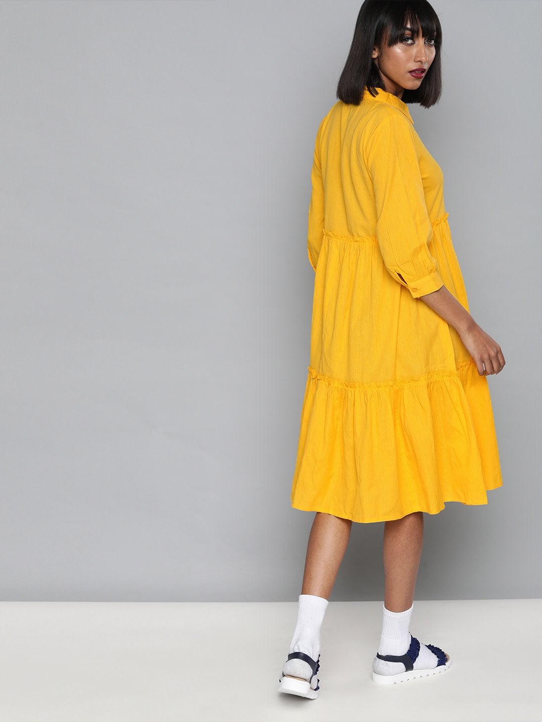 Women's Yellow Front Open Tiered Dress - SASSAFRAS