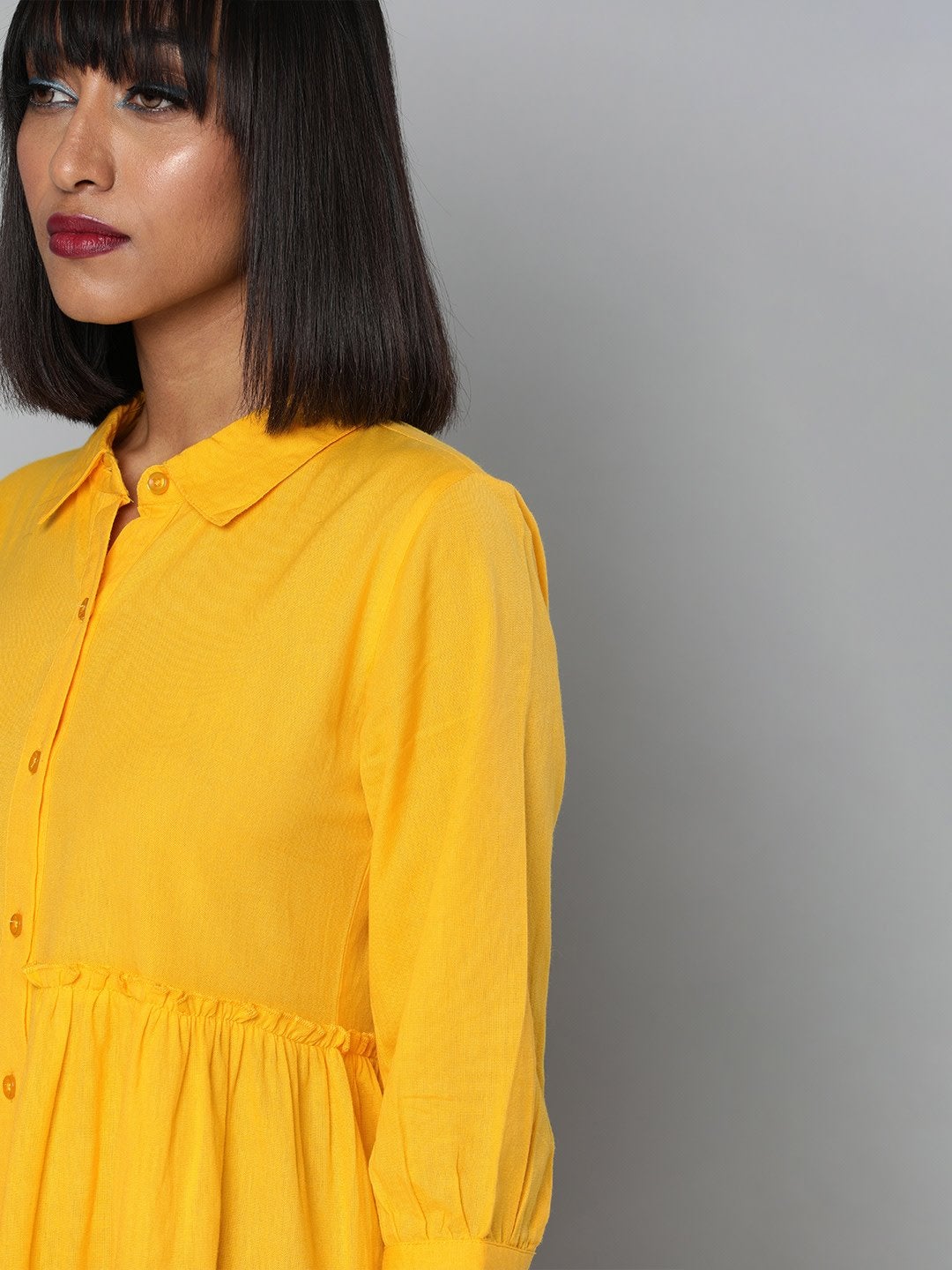 Women's Yellow Front Open Tiered Dress - SASSAFRAS