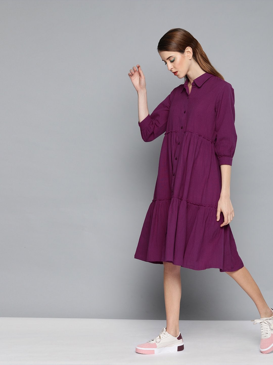 Women's Purple Front Open Tiered Dress - SASSAFRAS