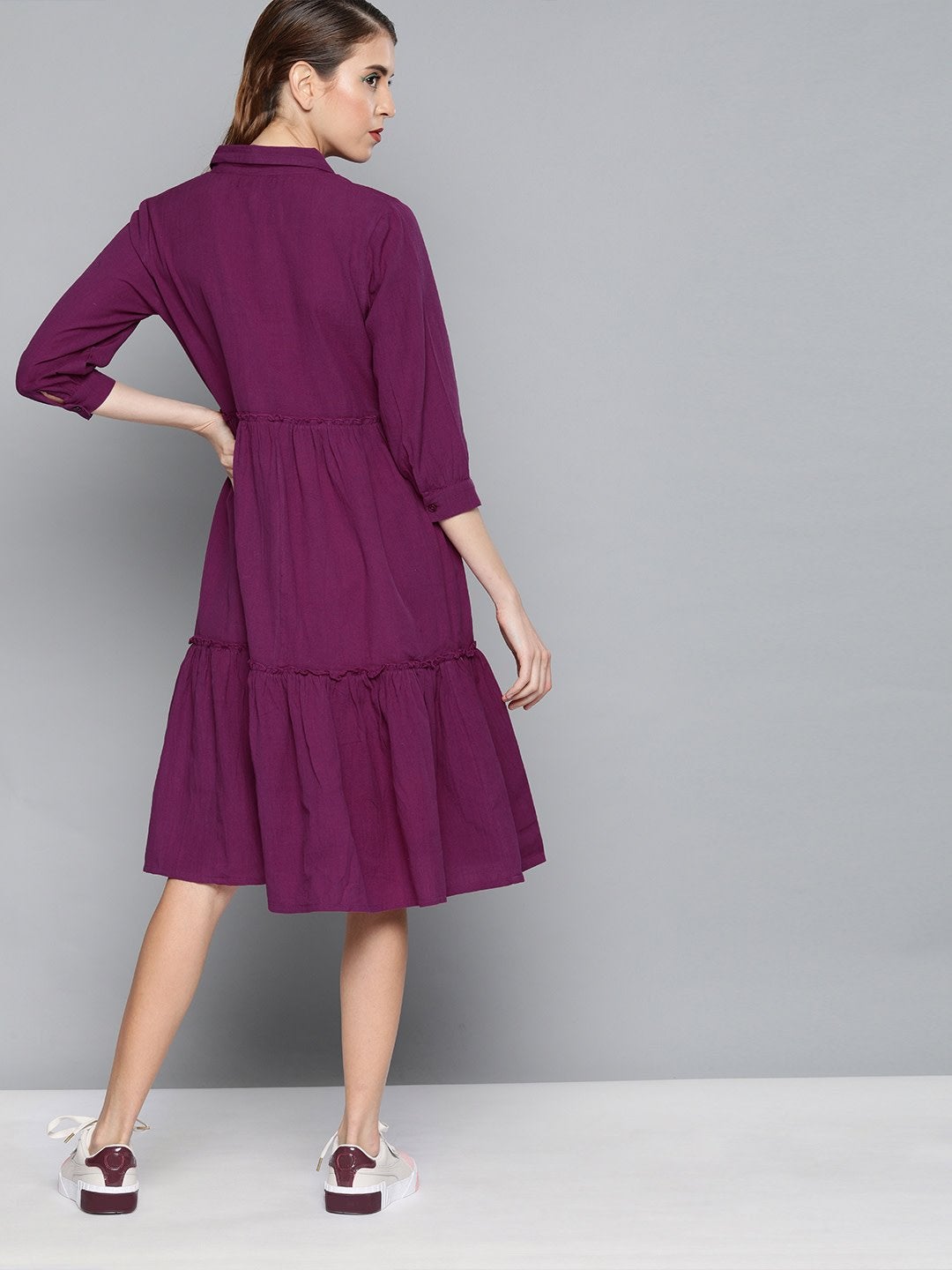 Women's Purple Front Open Tiered Dress - SASSAFRAS