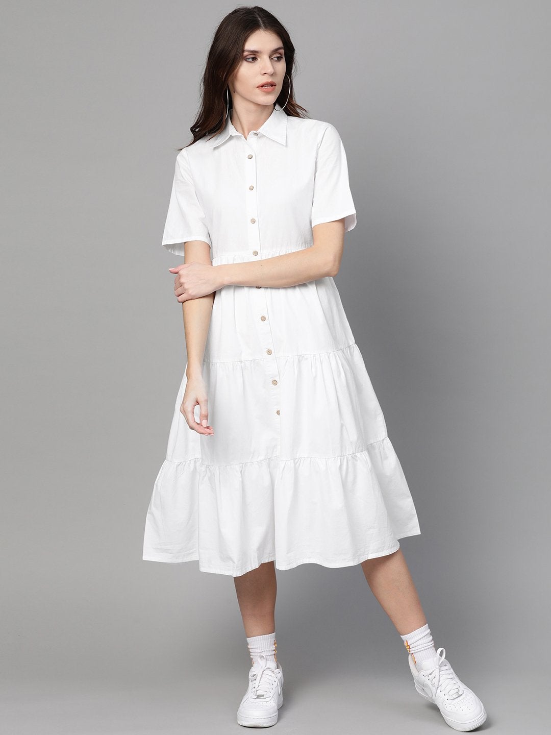 Women's White Tiered Shirt Dress - SASSAFRAS