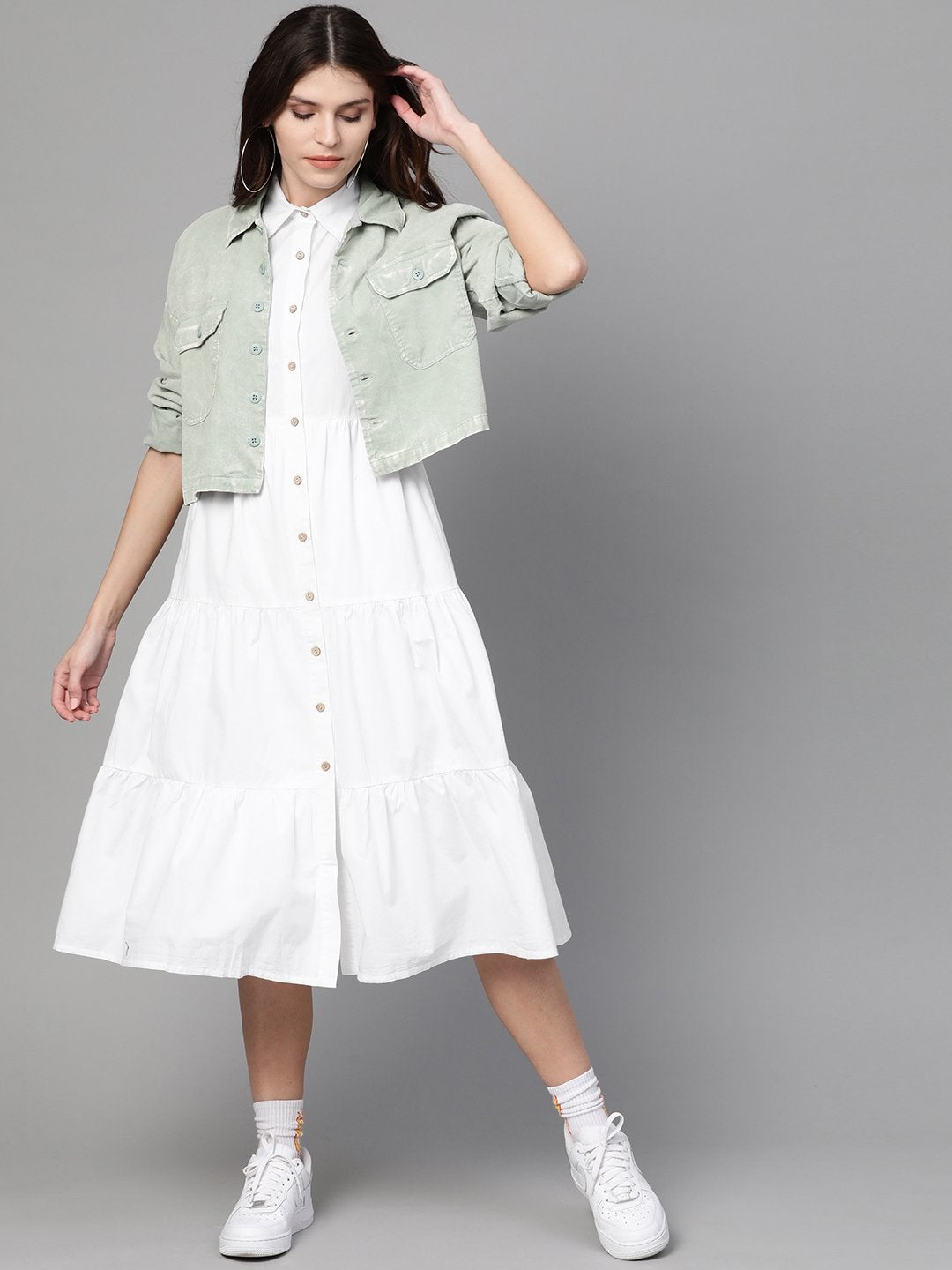 Women's White Tiered Shirt Dress - SASSAFRAS