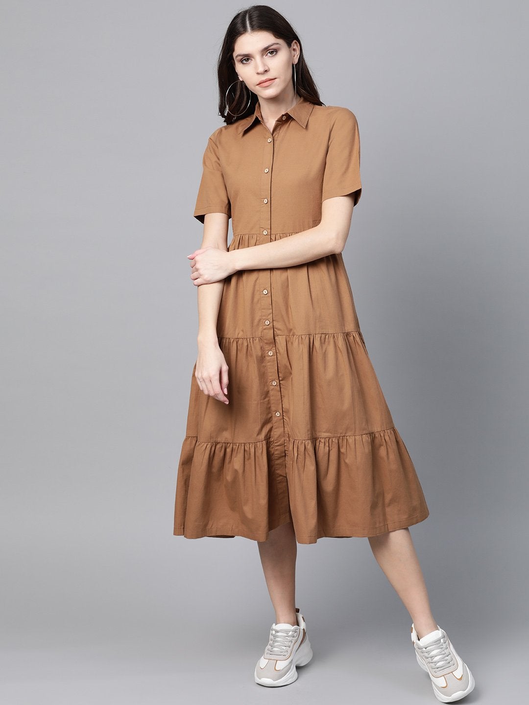 Women's Brown Tiered Shirt Dress - SASSAFRAS