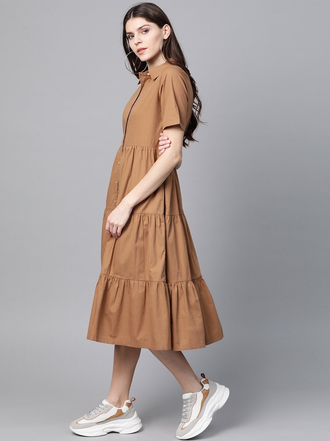 Women's Brown Tiered Shirt Dress - SASSAFRAS