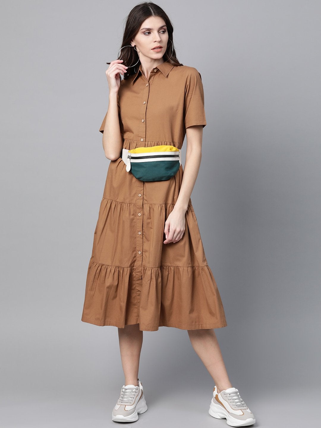 Women's Brown Tiered Shirt Dress - SASSAFRAS