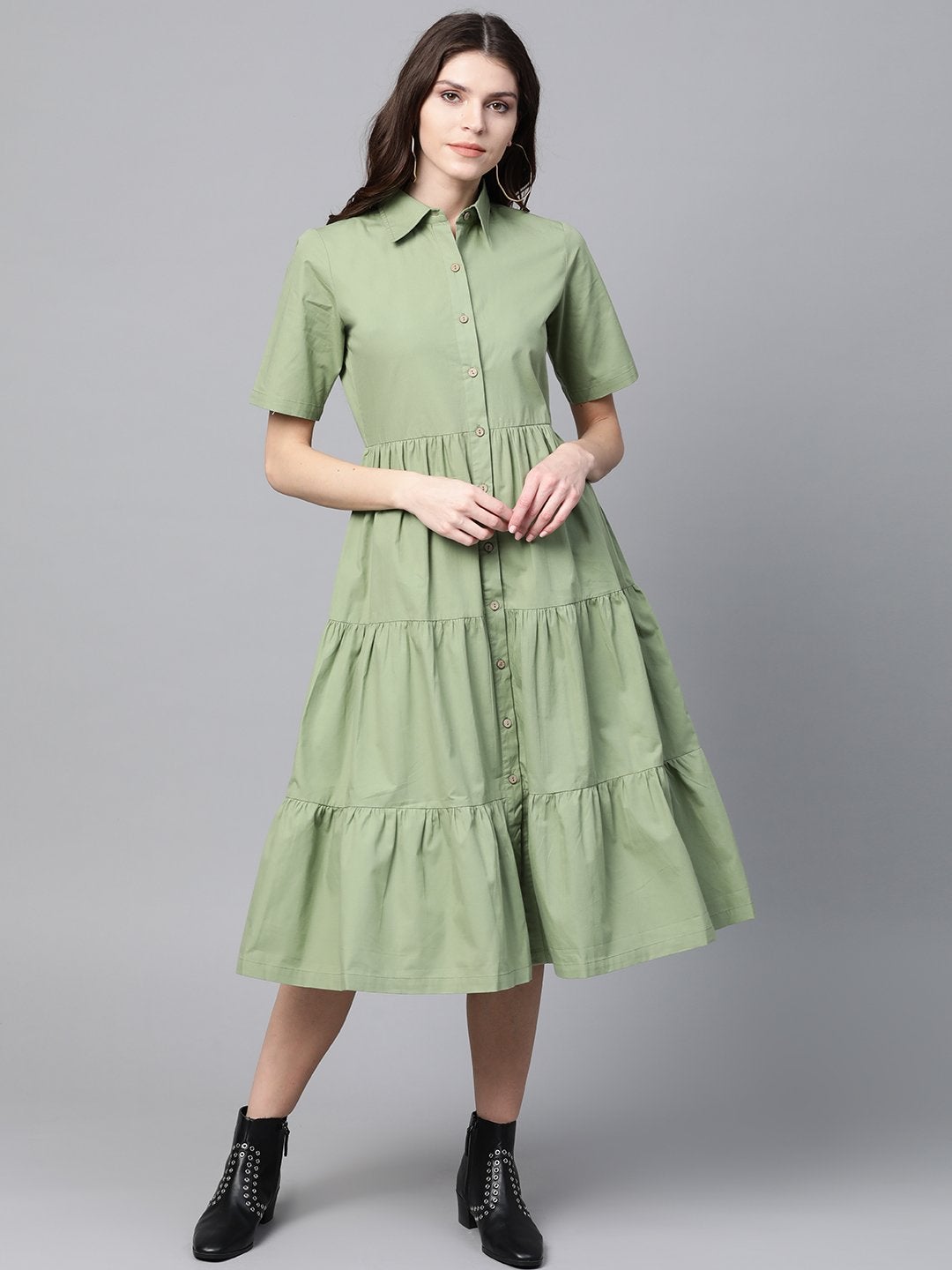 Women's Olive Tiered Shirt Dress - SASSAFRAS