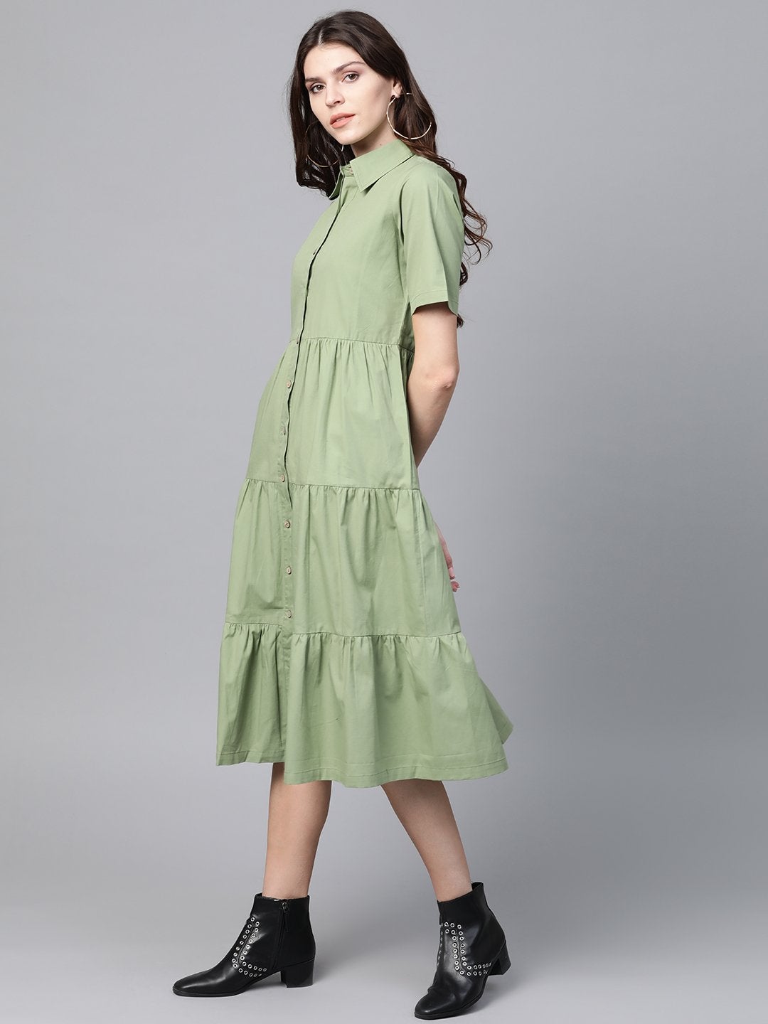 Women's Olive Tiered Shirt Dress - SASSAFRAS