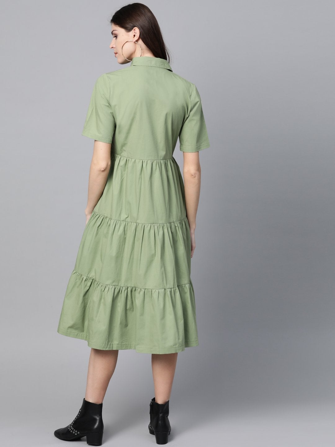 Women's Olive Tiered Shirt Dress - SASSAFRAS