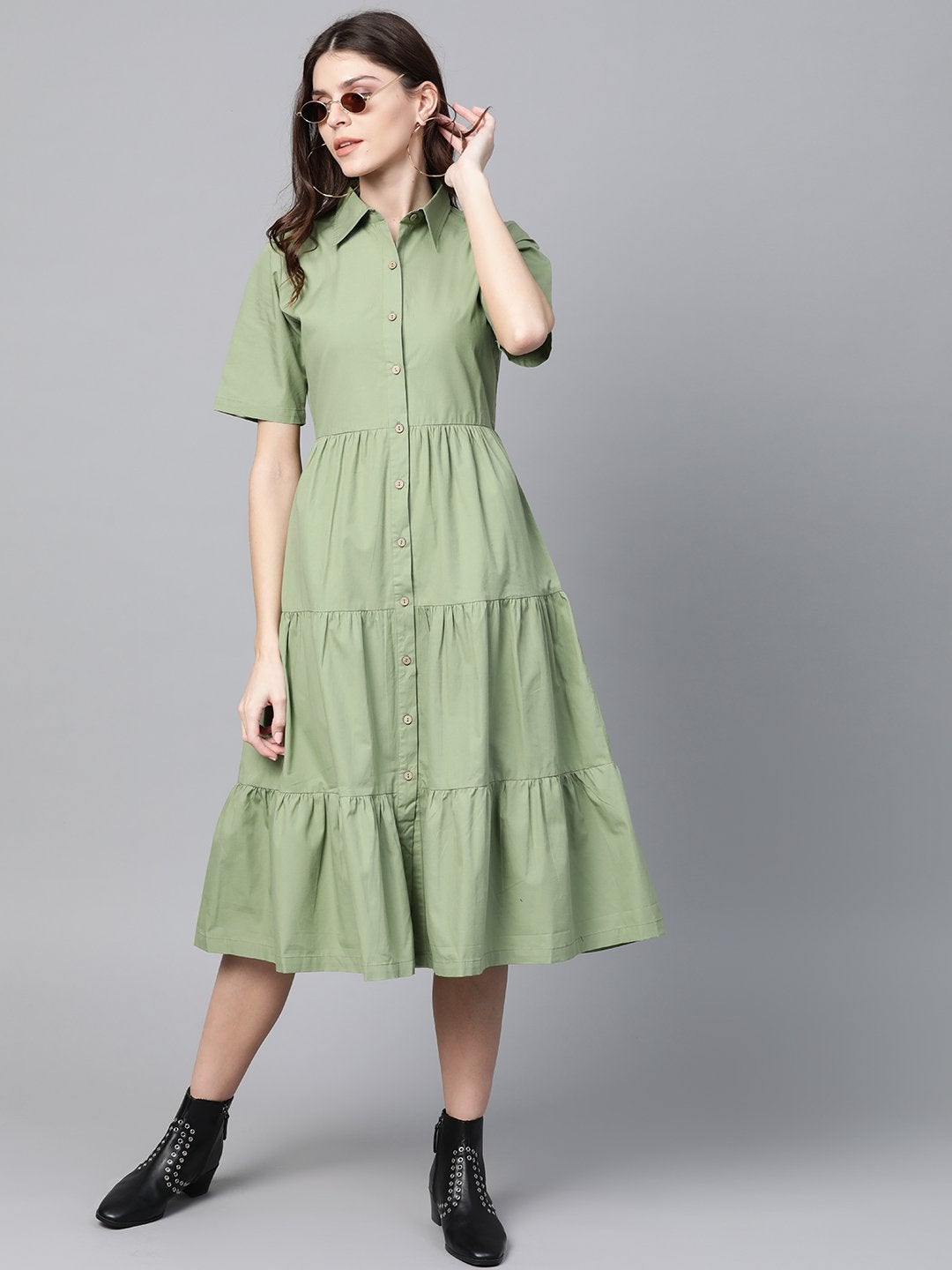 Women's Olive Tiered Shirt Dress - SASSAFRAS