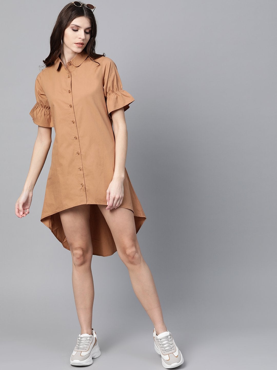 Women's Brown High Low Shirt Dress - SASSAFRAS