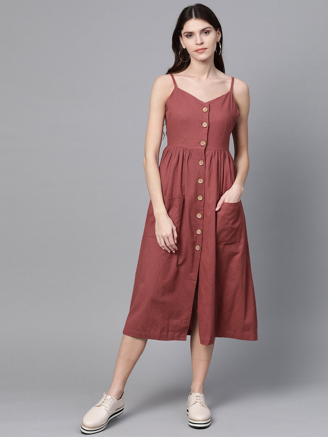 Women's Burgundy Button Strappy Midi - SASSAFRAS