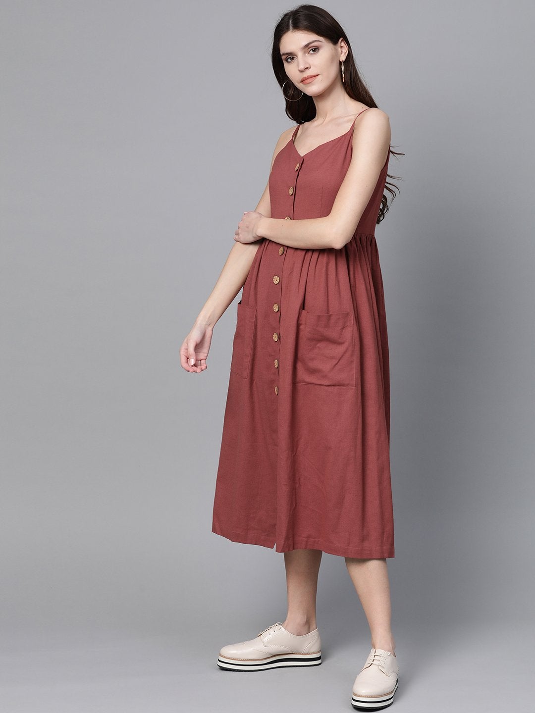 Women's Burgundy Button Strappy Midi - SASSAFRAS