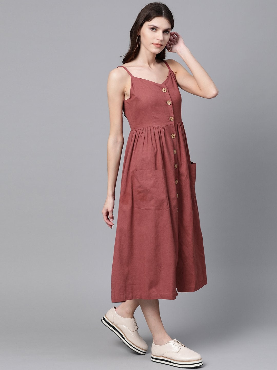 Women's Burgundy Button Strappy Midi - SASSAFRAS