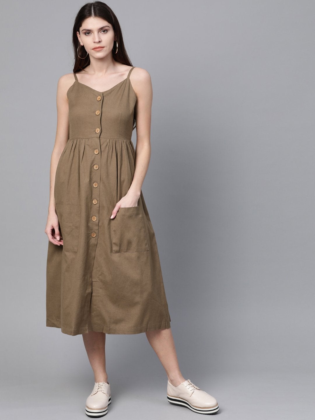 Women's Brown Button Strappy Midi - SASSAFRAS