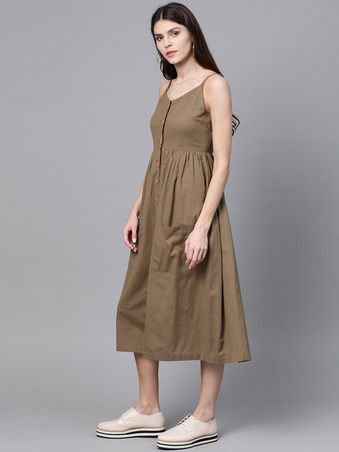 Women's Brown Button Strappy Midi - SASSAFRAS